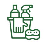 Custodian / Janitor icon graphic with a pail, gloves, sponge, spray, and cleaner