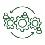 Simple graphic of three interlocking gears with a person on each gear, shown by arrows to be rotating counterclockwise.